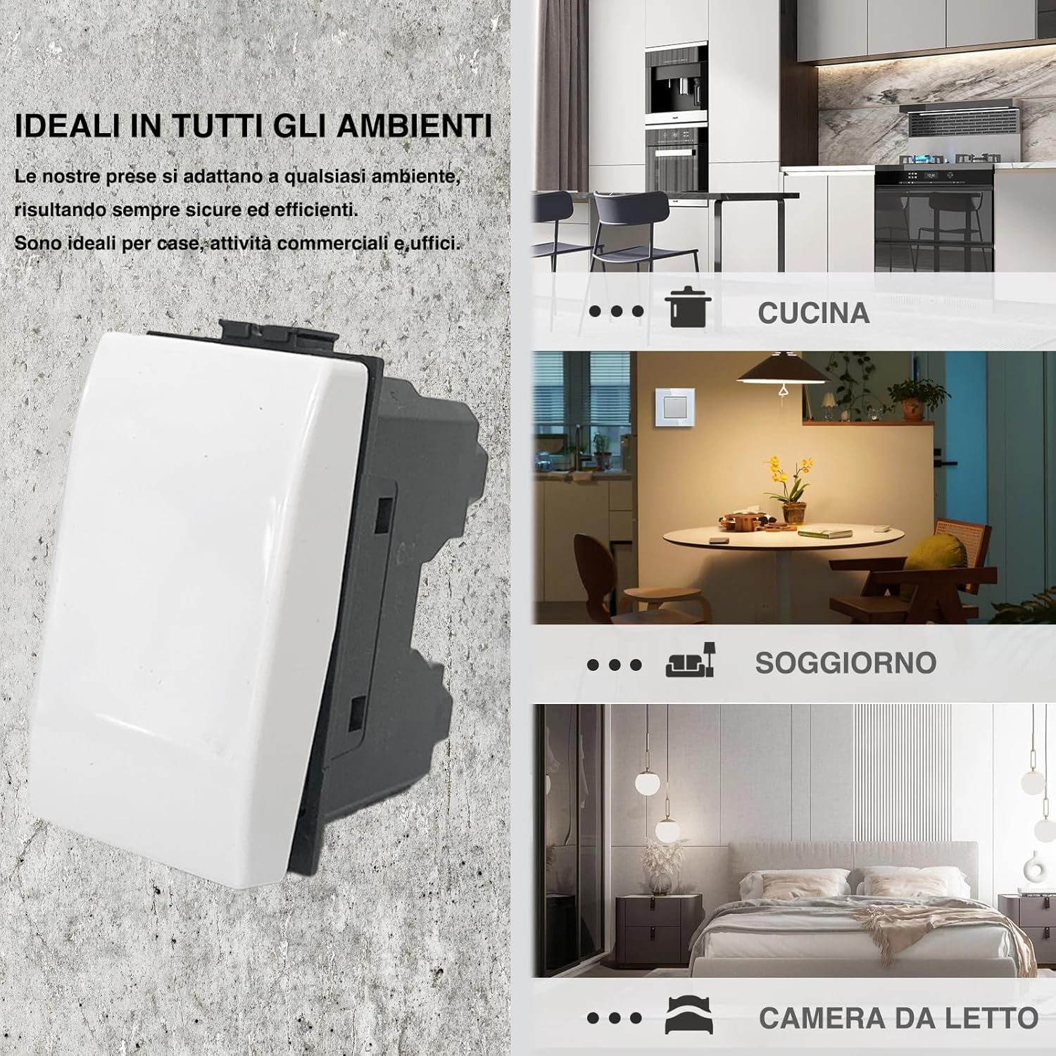 Una composizione di placche e interruttori BTicino Matix in diverse colorazioni e finiture, mostrate su una parete moderna