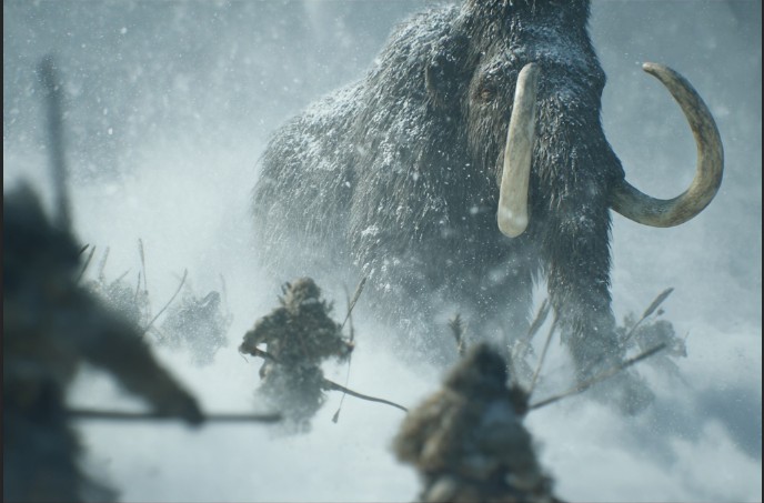 Maestoso Mammut Lanoso in una tormenta di neve sulla steppa siberiana