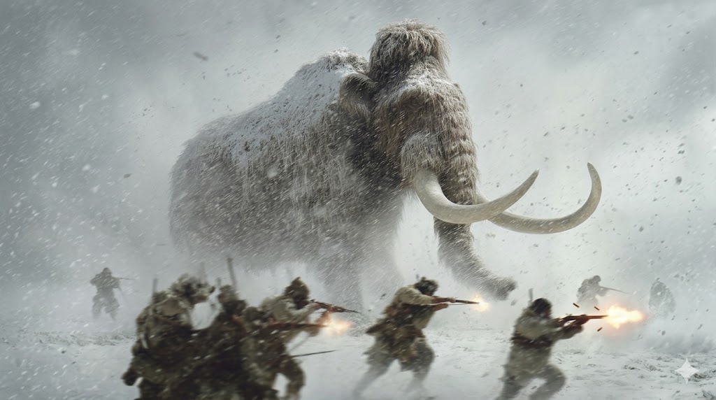 Maestoso Mammut Lanoso in una tormenta di neve sulla steppa siberiana