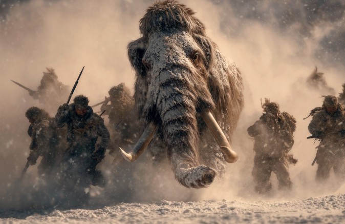 Maestoso Mammut Lanoso in una tormenta di neve sulla steppa siberiana