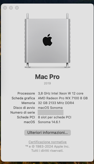 macOS Sonoma sul mio Ryzen 9 3900x con 32GB RAM e scheda video Radeon Pro wx7100 8GB