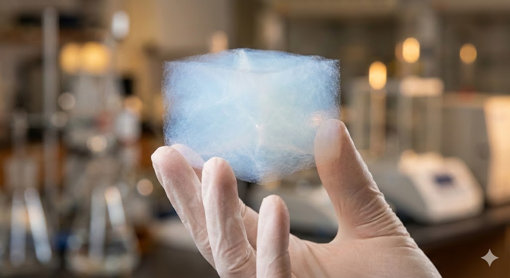 Campione di aerogel traslucido che galleggia su una mano, mostrando la sua straordinaria leggerezza