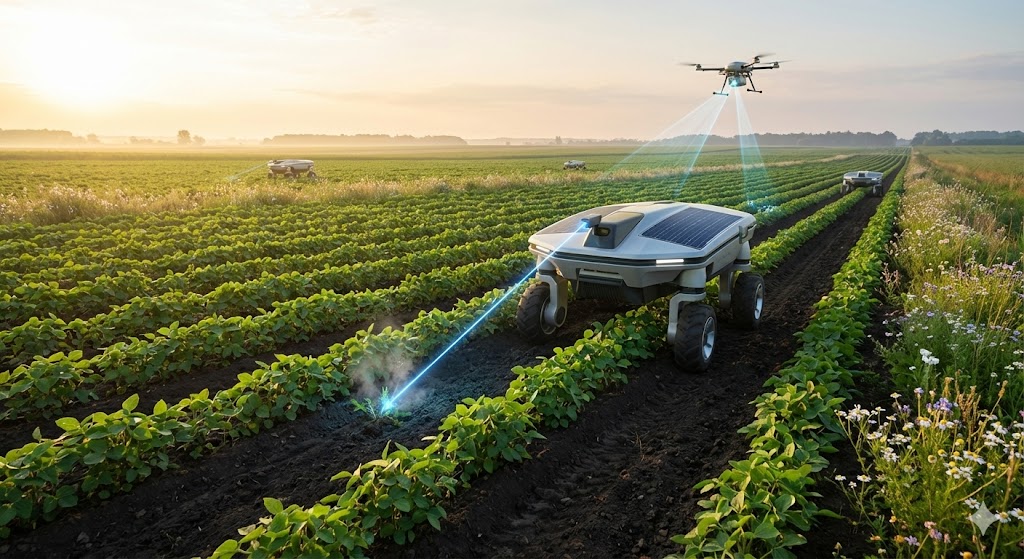 Robot agricolo autonomo in un campo coltivato