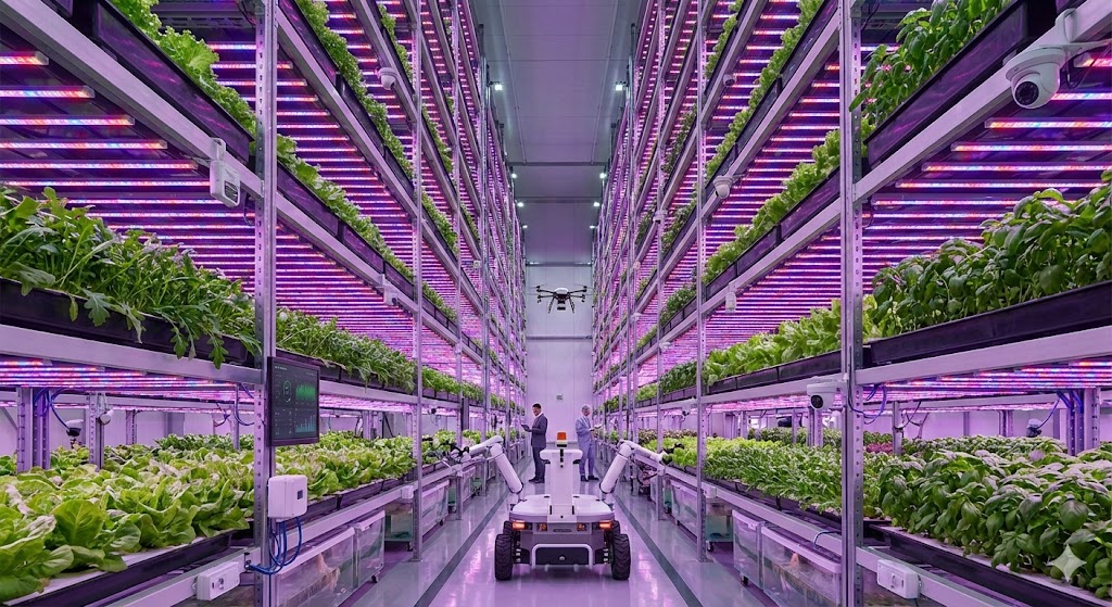 Una moderna vertical farm urbana con file di vegetali che crescono su scaffalature illuminate da LED a spettro ottimizzato, monitorata da sensori e robot