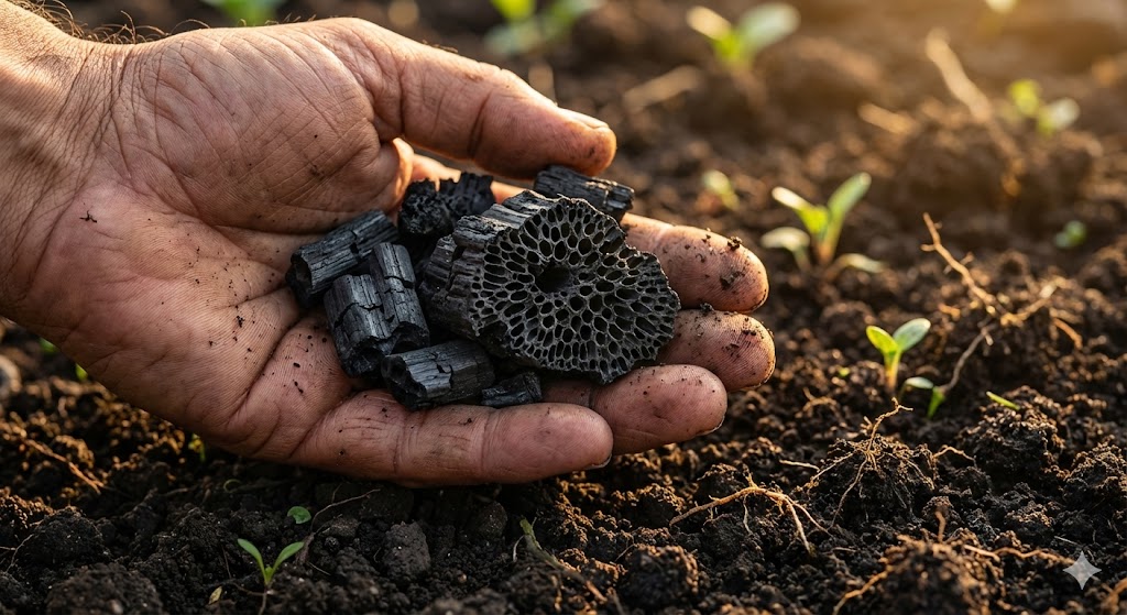Campione di biochar, carbone vegetale nero poroso usato nell'agricoltura rigenerativa per sequestrare carbonio nel suolo