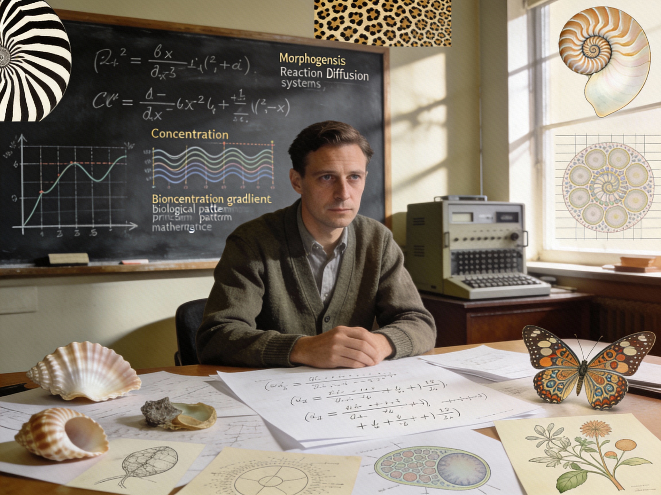Alan Turing al lavoro su equazioni matematiche che descrivono i pattern biologici e la morfogenesi
