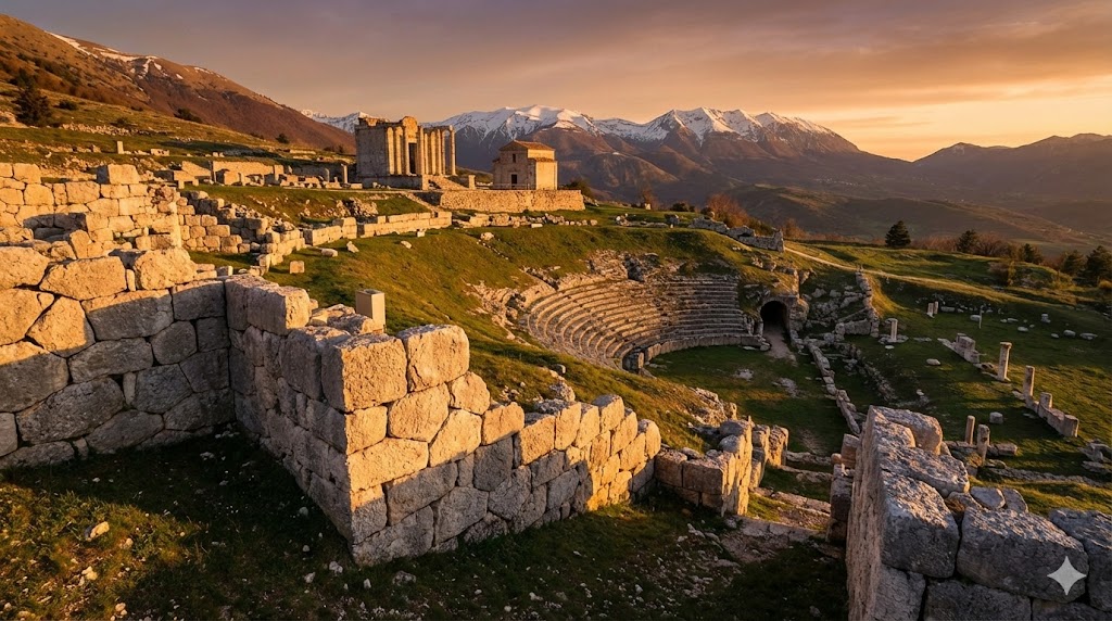 Rovine archeologiche di Alba Fucens circondate dalle montagne abruzzesi