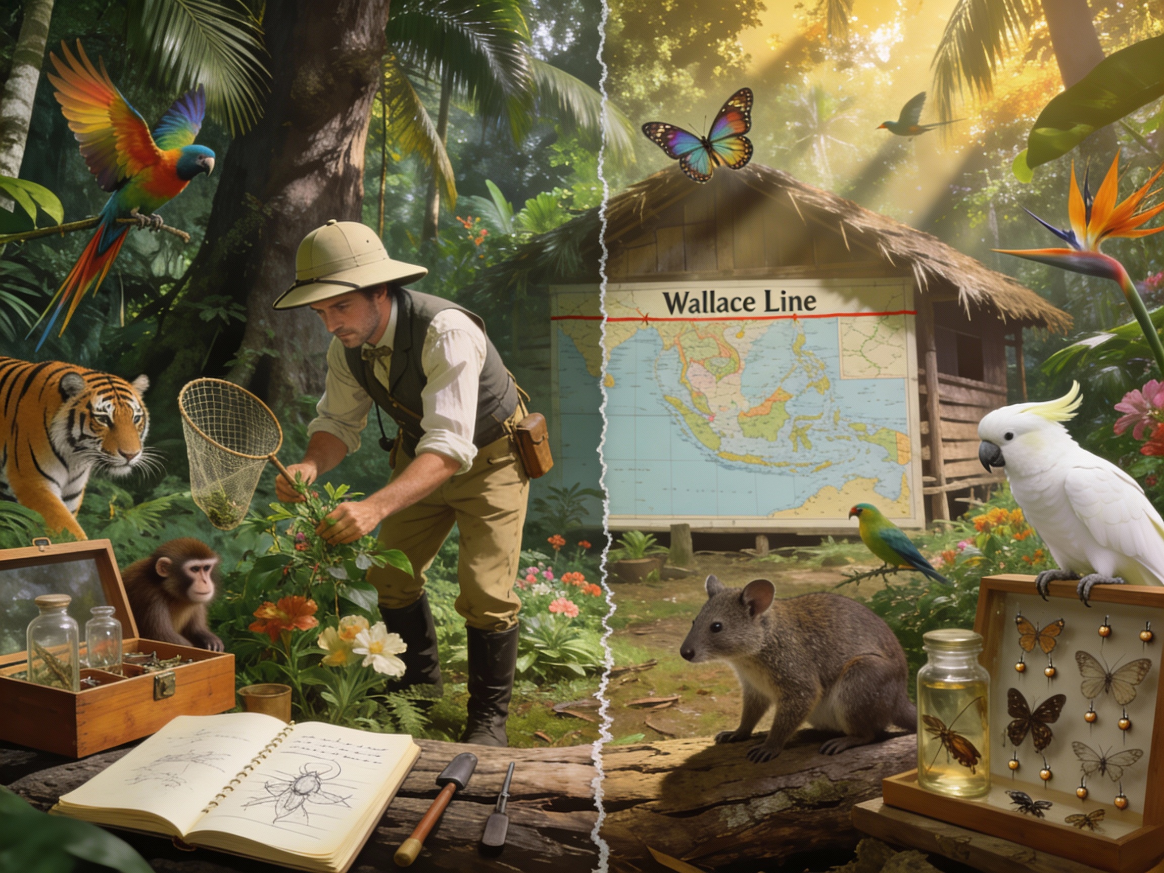 Alfred Russel Wallace durante le sue esplorazioni nell'arcipelago malese studiando la distribuzione delle specie