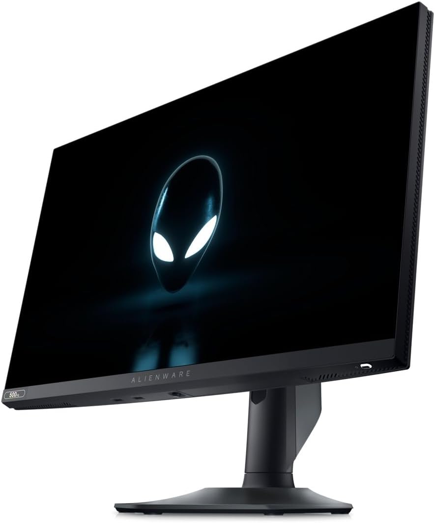 Il monitor da gaming Alienware AW2726DF, con il suo design futuristico e l'illuminazione RGB posteriore, mostra un gioco sparatutto frenetico