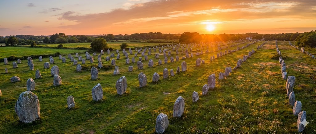 I menhir di Carnac allineati all'orizzonte in un tramonto spettacolare che ne esalta la geometria misteriosa