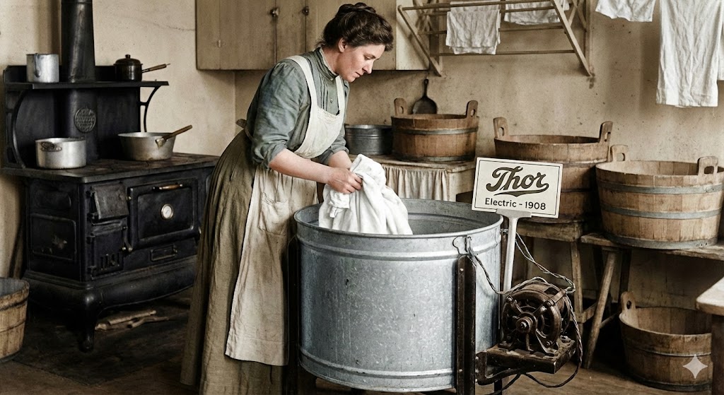 La lavatrice elettrica Thor del 1908 con tamburo galvanizzato rotante e motore elettrico progettata da Alva J Fisher per Hurley Company