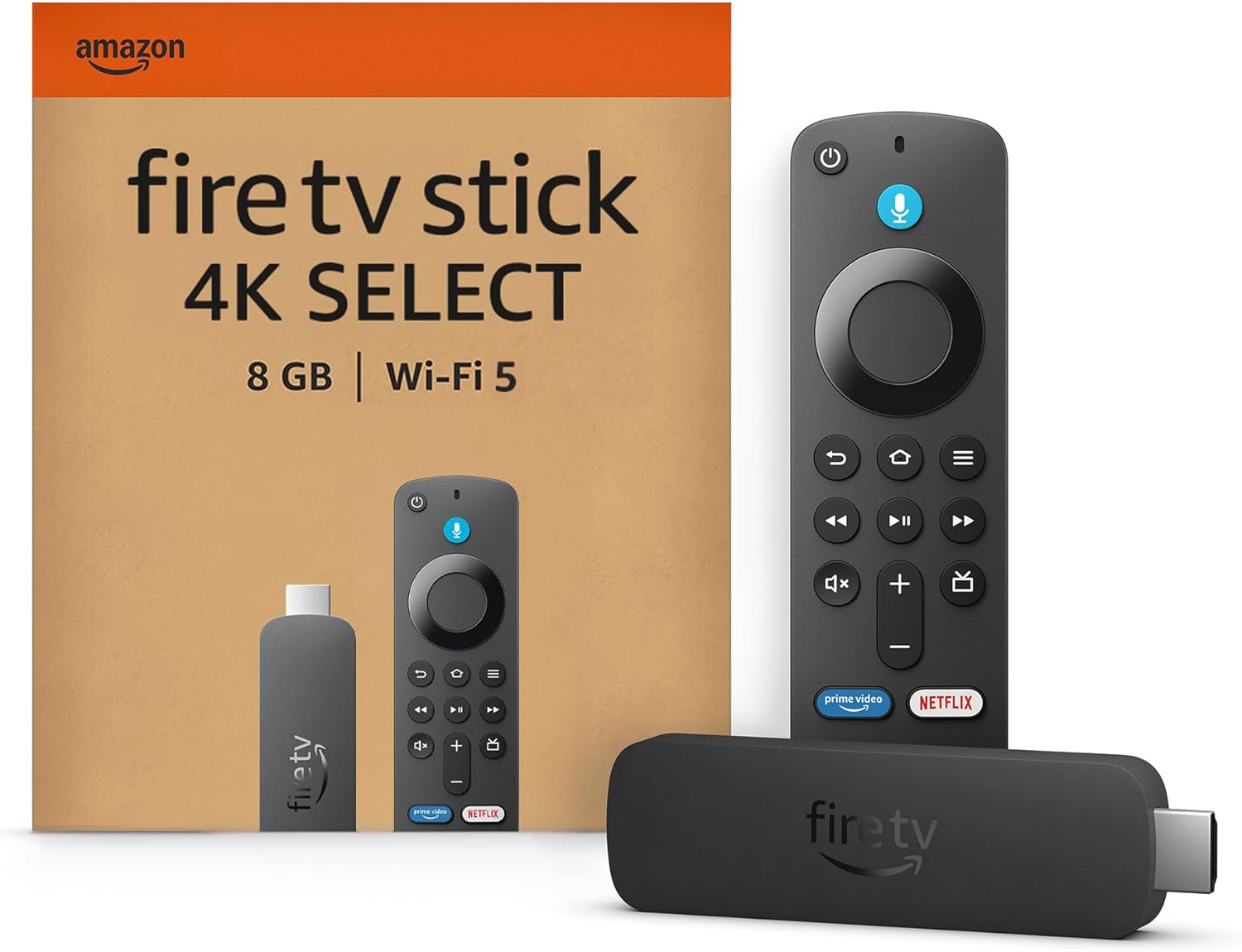 Il dispositivo di streaming Amazon Fire TV Stick 4K Select collegato a un televisore.