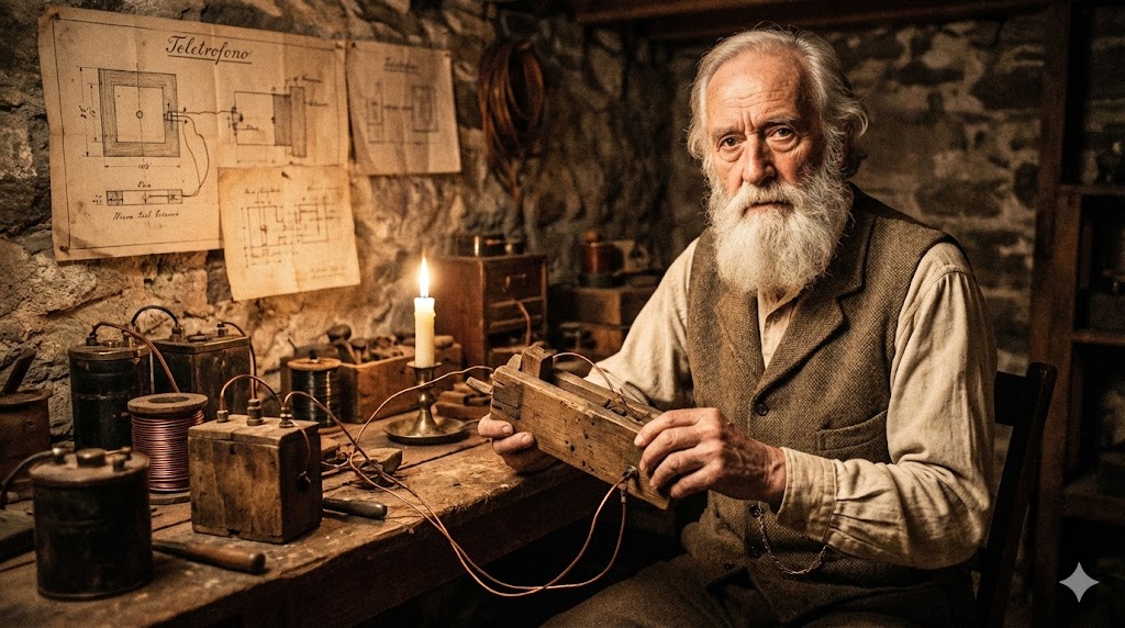 Ritratto di Antonio Meucci con il prototipo del suo teletrofono.