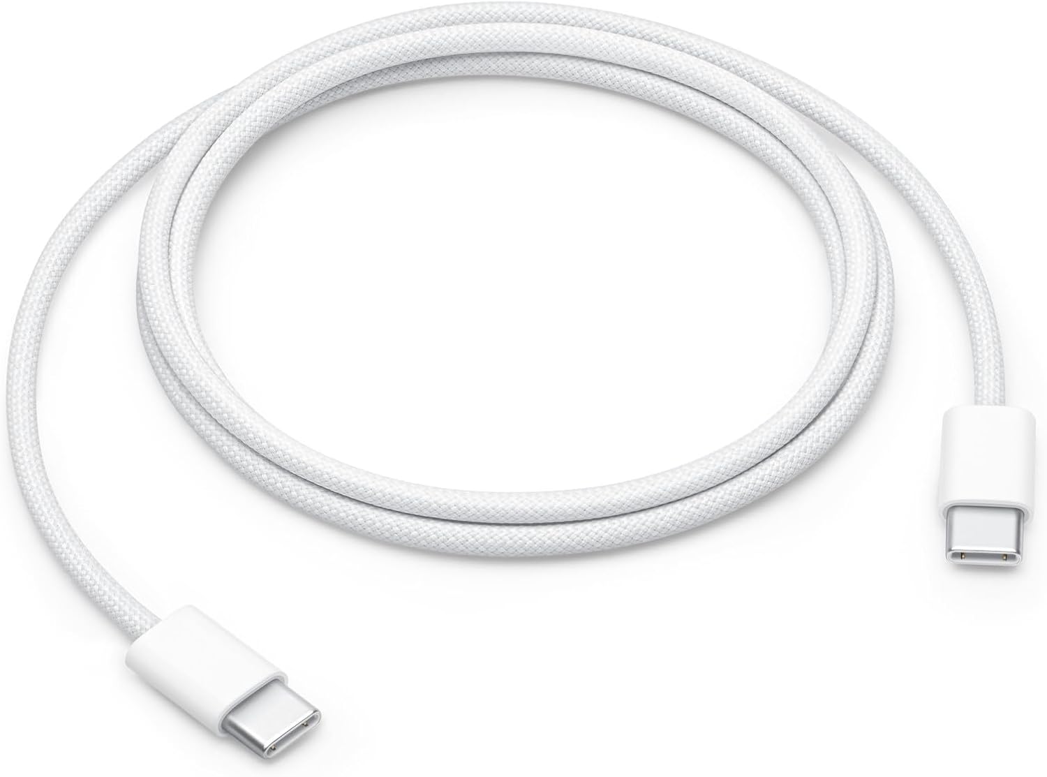 Il cavo di ricarica USB-C Apple originale, bianco e intrecciato, arrotolato ordinatamente.