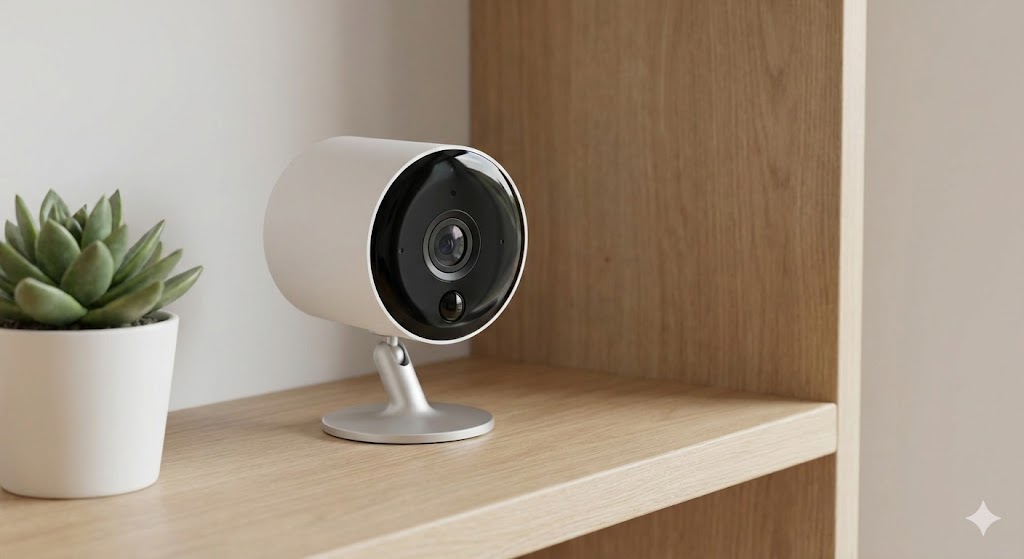 Concetto di design di una potenziale videocamera di sicurezza smart a marchio Apple, con un design minimalista in alluminio e vetro