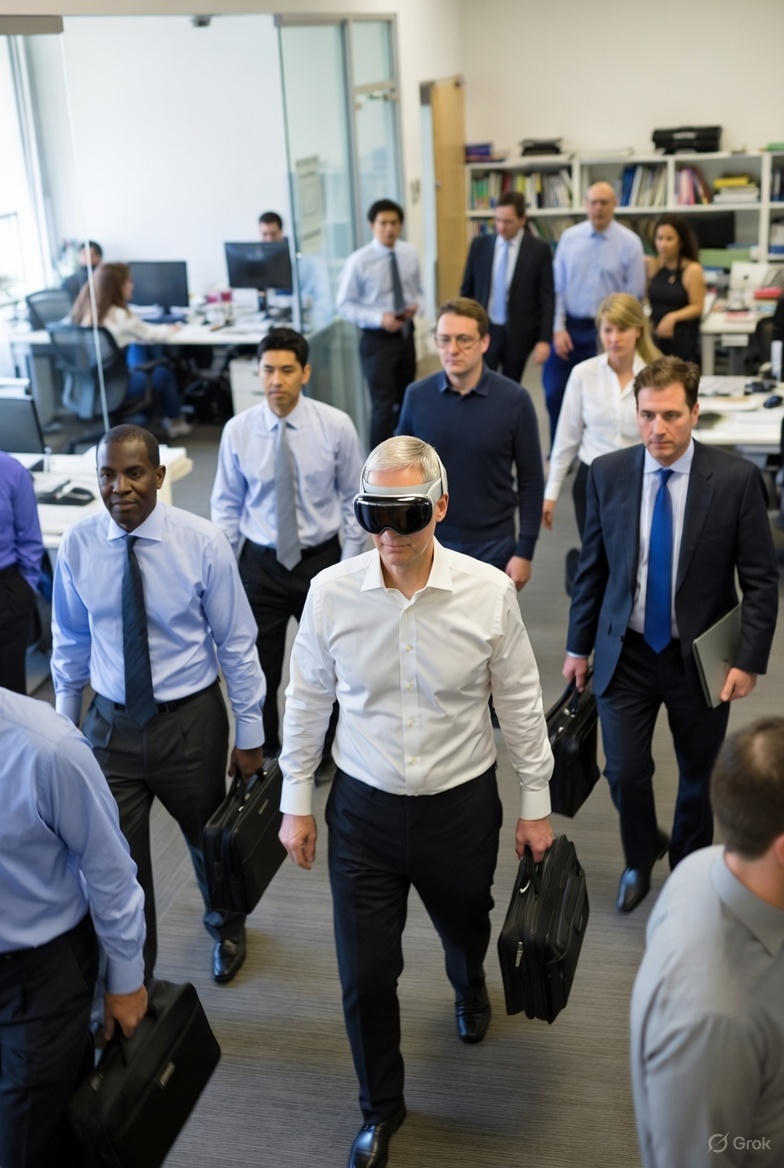 Apple Vision Pro abbandonato su un tavolo, con grafici di calo delle vendite in dissolvenza sullo sfondo