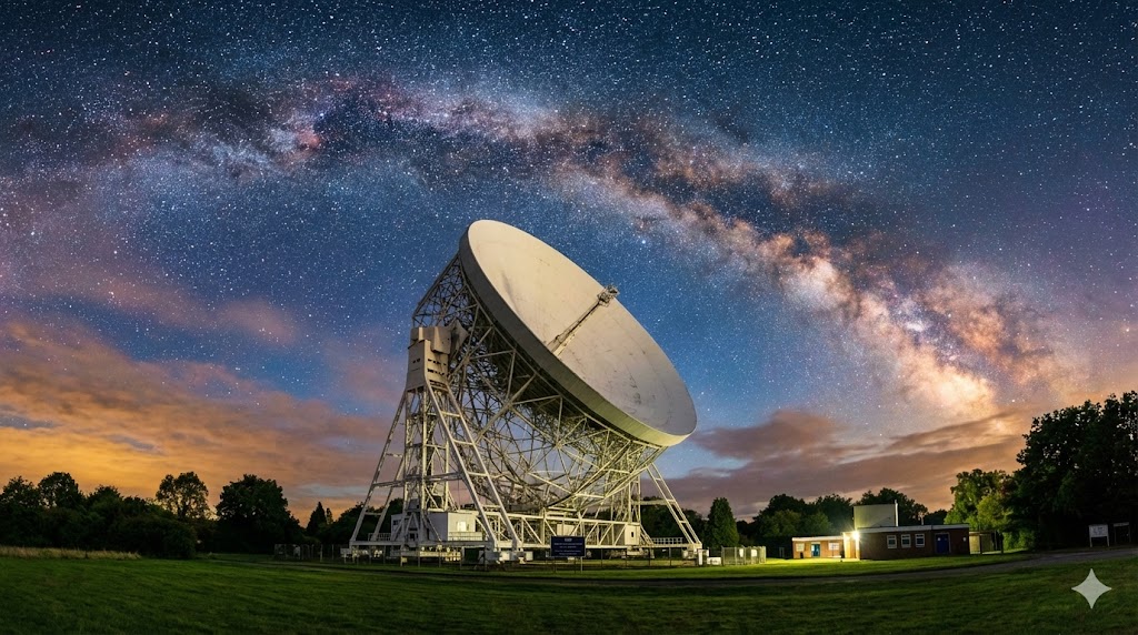 Il radiotelescopio Lovell di Jodrell Bank nel Cheshire inglese completato nel 1957 e iscritto patrimonio UNESCO nel 2019