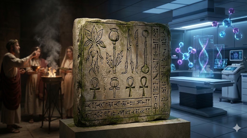 Antica tavoletta medica con simboli di erbe curative e strumenti chirurgici primitivi