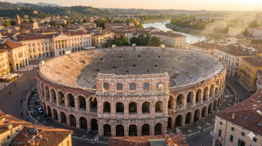 Vista aerea dell'Arena di Verona con le caratteristiche mura in pietra della Valpolicella
