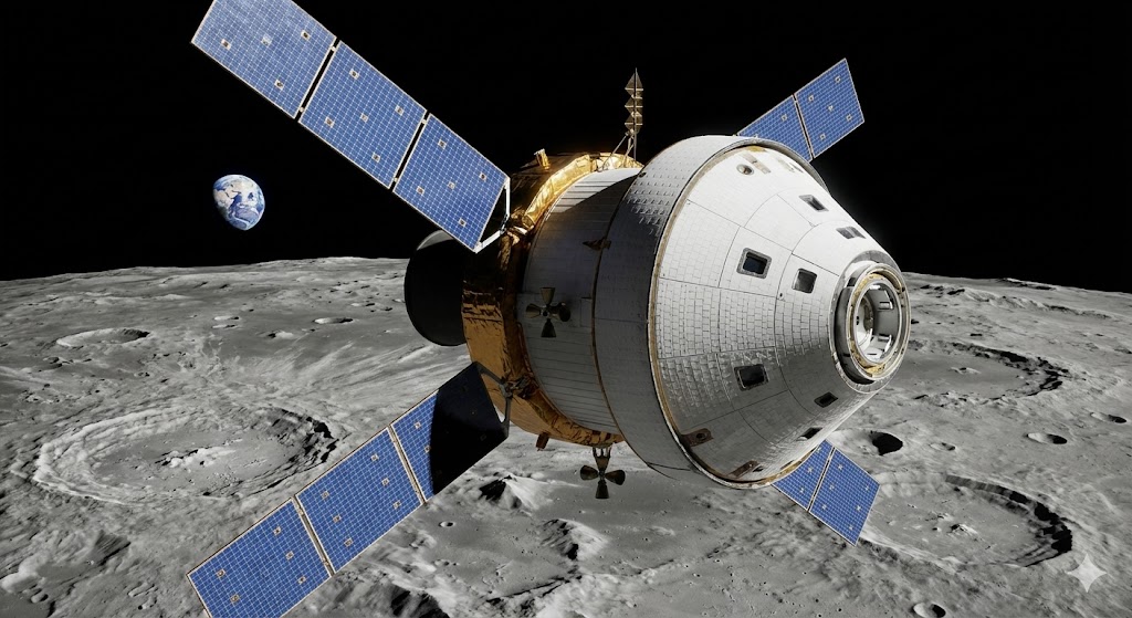 Rappresentazione artistica della capsula Orion in orbita lunare durante la missione Artemis II con equipaggio a bordo