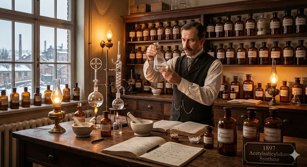 Laboratorio chimico Bayer fine Ottocento con fiale e strumenti di Felix Hoffmann che sintetizza l'acido acetilsalicilico nel 1897