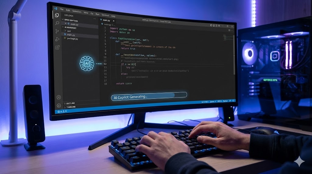 Sviluppatore che lavora con un assistente AI che suggerisce codice