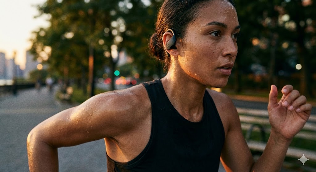 Un corridore indossa auricolari TWS sportivi resistenti al sudore durante un allenamento all'aperto, con una vestibilit sicura e stabile