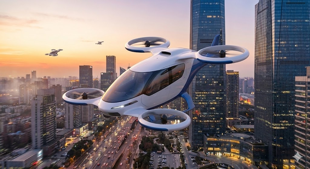 Automobile volante elettrica eVTOL in volo sopra citt� moderna con traffico sottostante