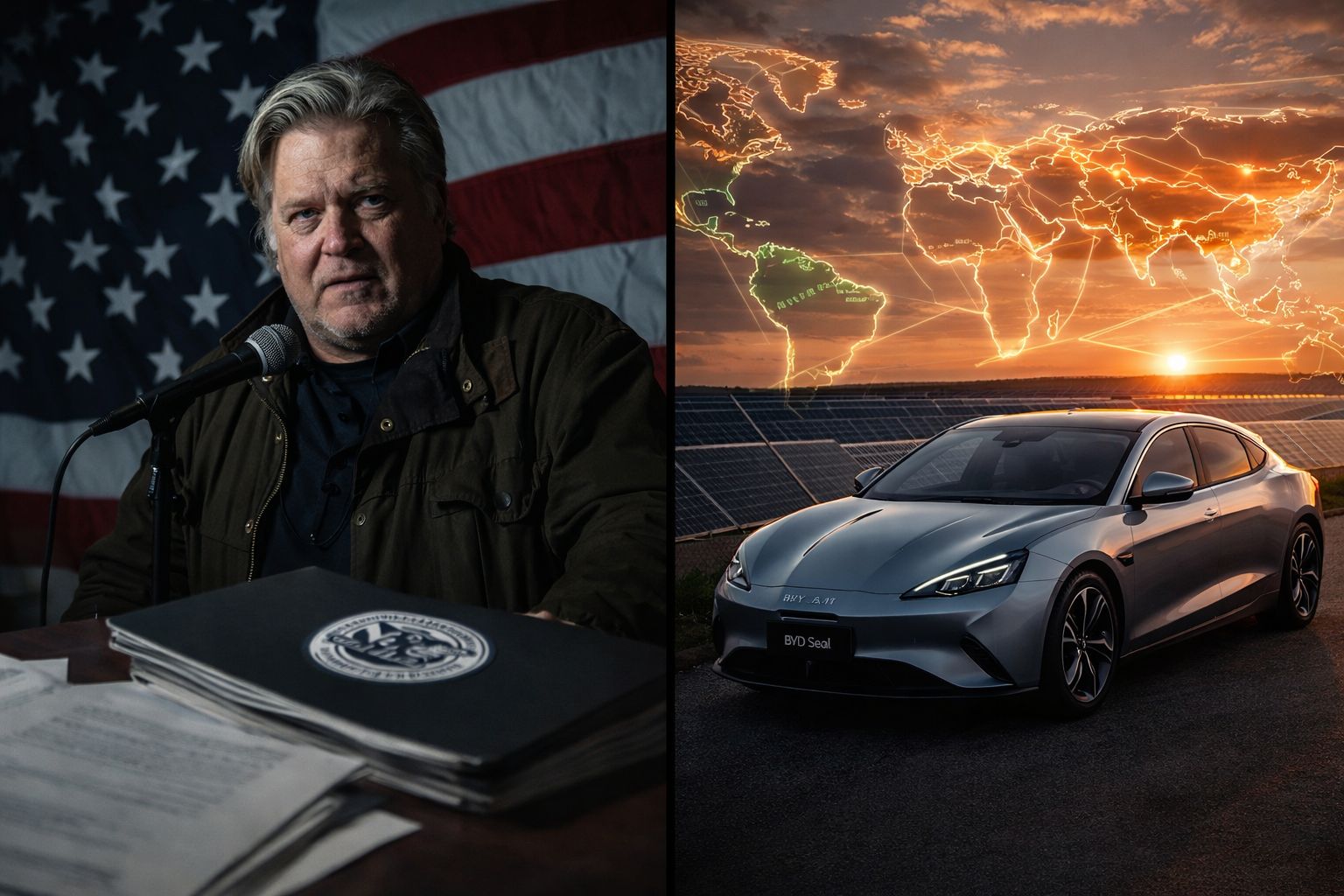 Stephen Bannon parla a un comizio, sullo sfondo bandiere americane. In primo piano, documenti ICE e un BYD Seal accanto a pannelli solari. Una mappa dell'Europa con rotte verso la Cina e i BRICS.