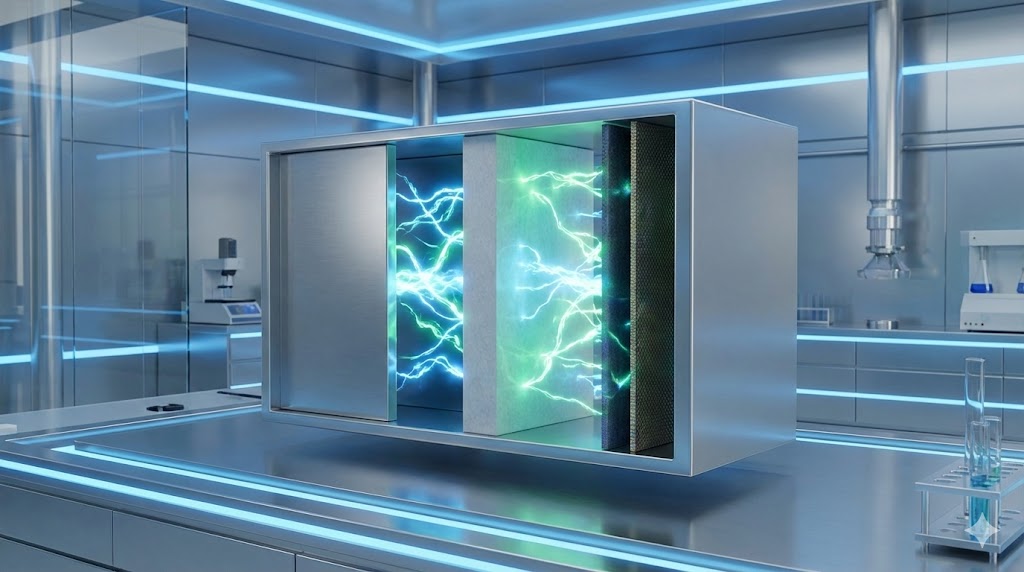 Schema tridimensionale di una batteria allo stato solido che mostra l'elettrolita solido tra anodo e catodo.