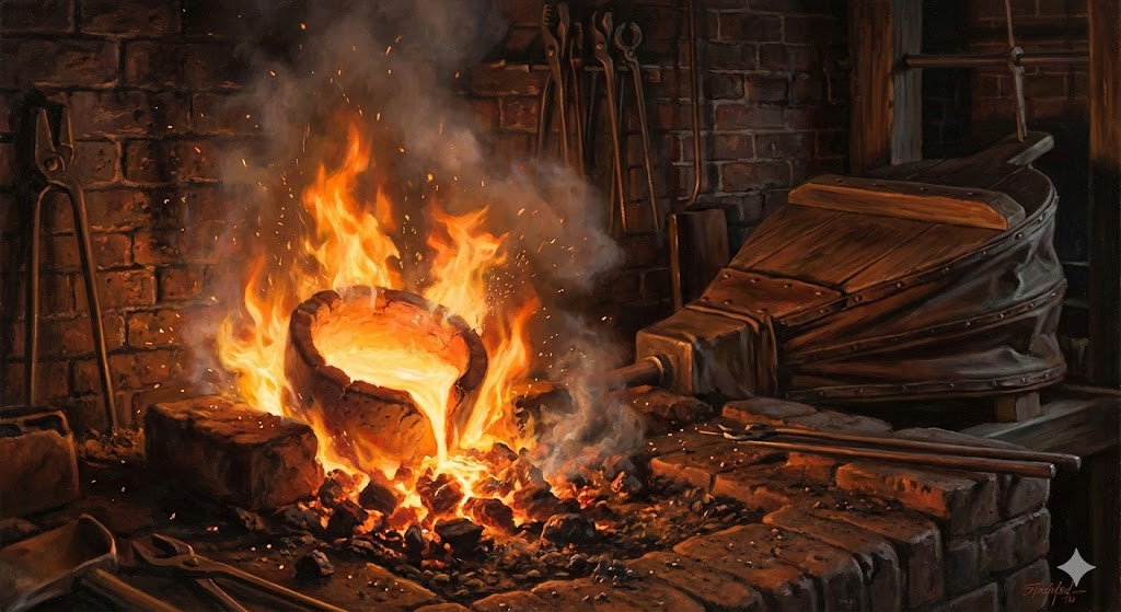 Crogiolo ardente con acciaio fuso incandescente nella fucina di Sheffield del XVIII secolo