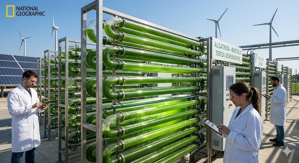 Fotobioreattori tubulari con microalghe verdi che producono bio-olio assorbendo CO2 dall'atmosfera