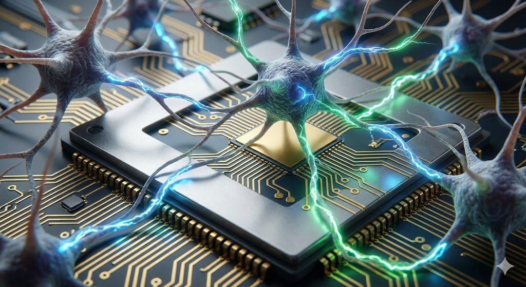 Rappresentazione artistica di una coltura di neuroni biologici connessi a circuiti elettronici, con impulsi elettrici visualizzati come filamenti luminosi blu e verdi