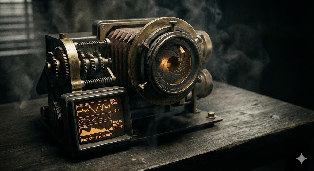 La macchina del test Voight-Kampff di Blade Runner con occhio ingrandito e indicatori biometrici sulla scrivania