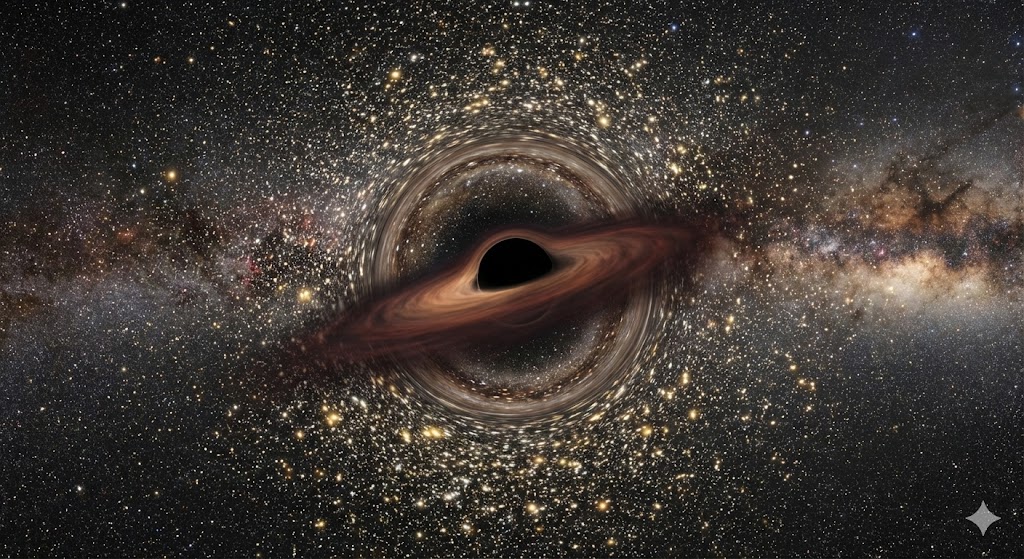 Rappresentazione artistica di un buco nero di massa intermedia che distorce la luce delle stelle vicine nell'ammasso globulare