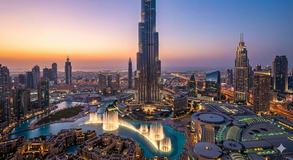 Una vista mozzafiato del Burj Khalifa che svetta sopra le nuvole al tramonto, evidenziando la sua forma a spirale.