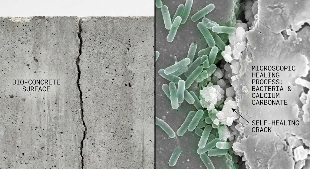 Struttura in calcestruzzo con batteri che riparano autonomamente le microfessure