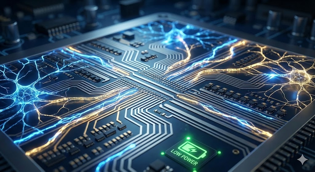 Rappresentazione artistica di un chip neuromorfico con reti neurali ispirate al cervello umano e connessioni sinaptiche luminose