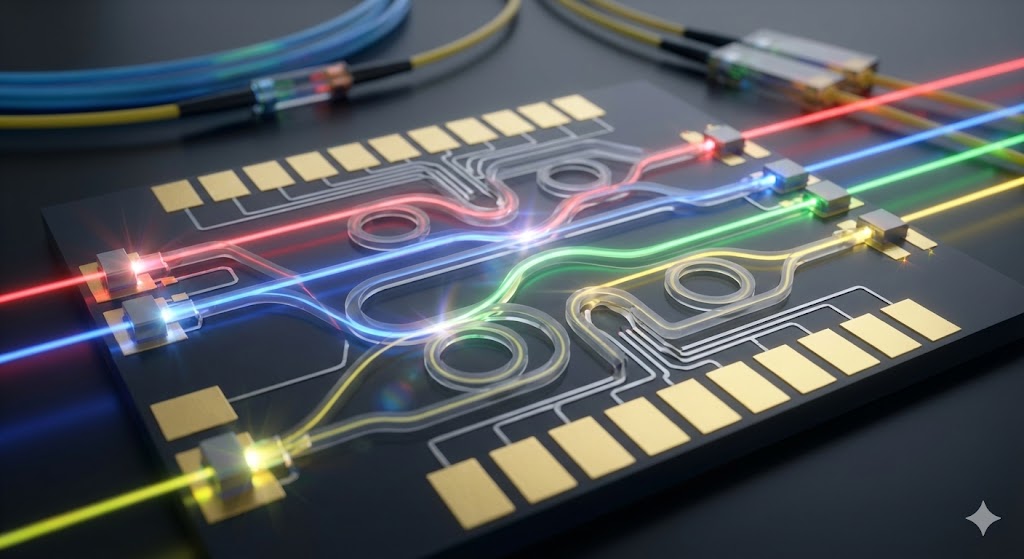 Chip fotonico con guide d'onda ottiche e fasci di luce colorati che attraversano circuiti integrati ottici al posto degli elettroni