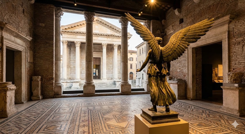 Il Capitolium di Brescia con le tre celle e la statua bronzea della Vittoria Alata esposta nel tempio romano