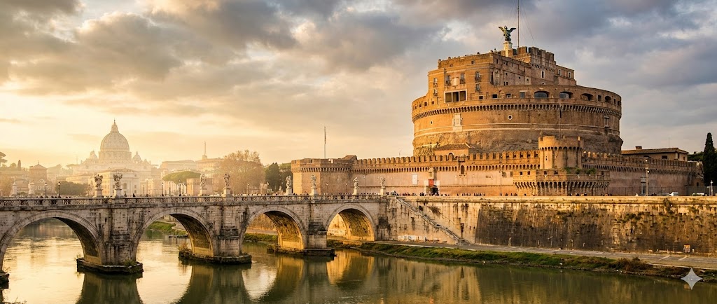 Vista esterna di Castel Sant'Angelo con il ponte sul Tevere