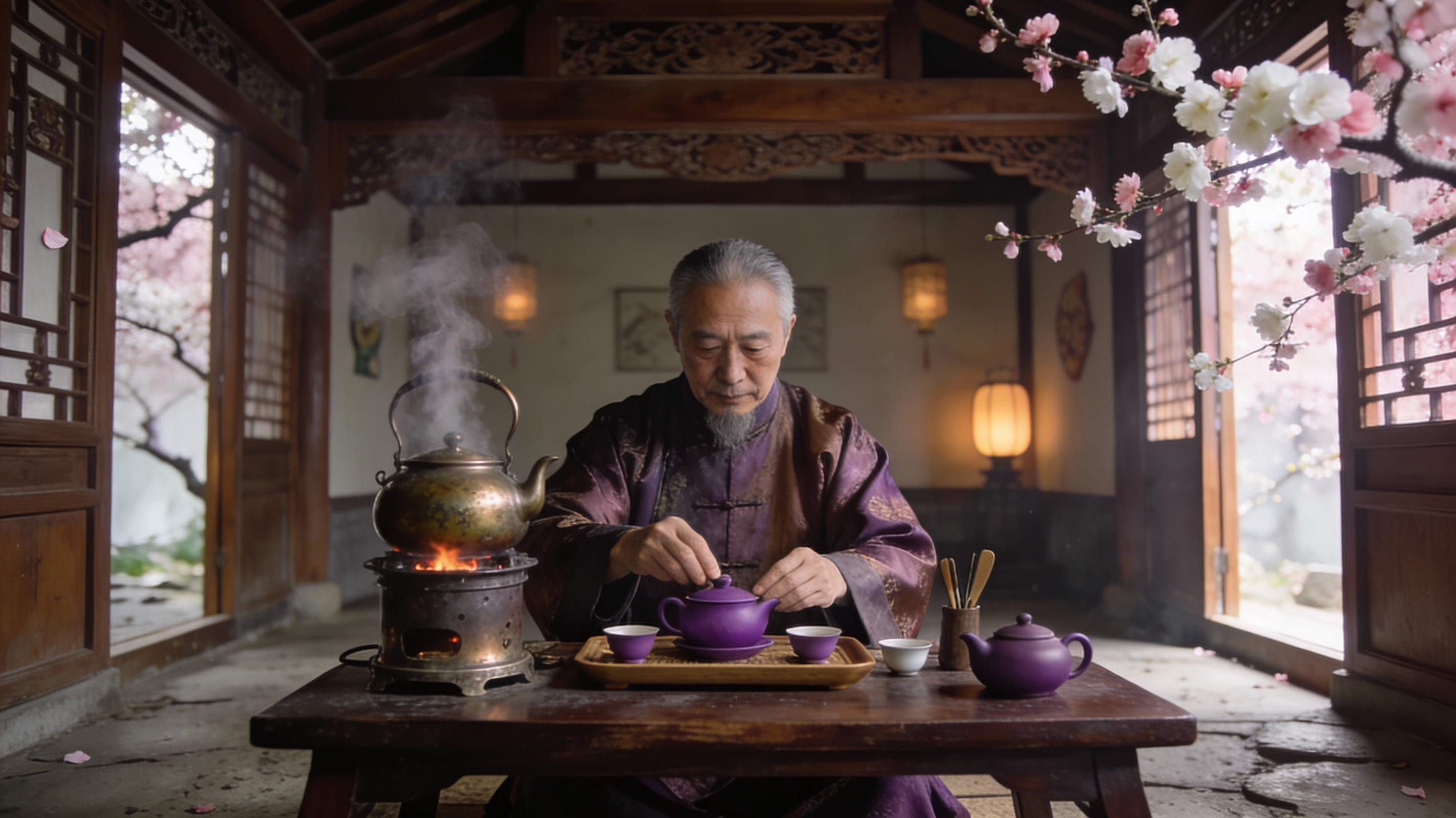 Cerimonia del t� in un antico tempio in primavera