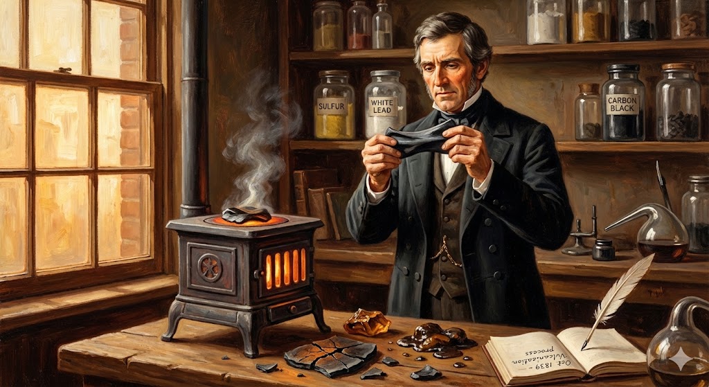 Charles Goodyear laboratorio con campioni gomma vulcanizzata e stufa