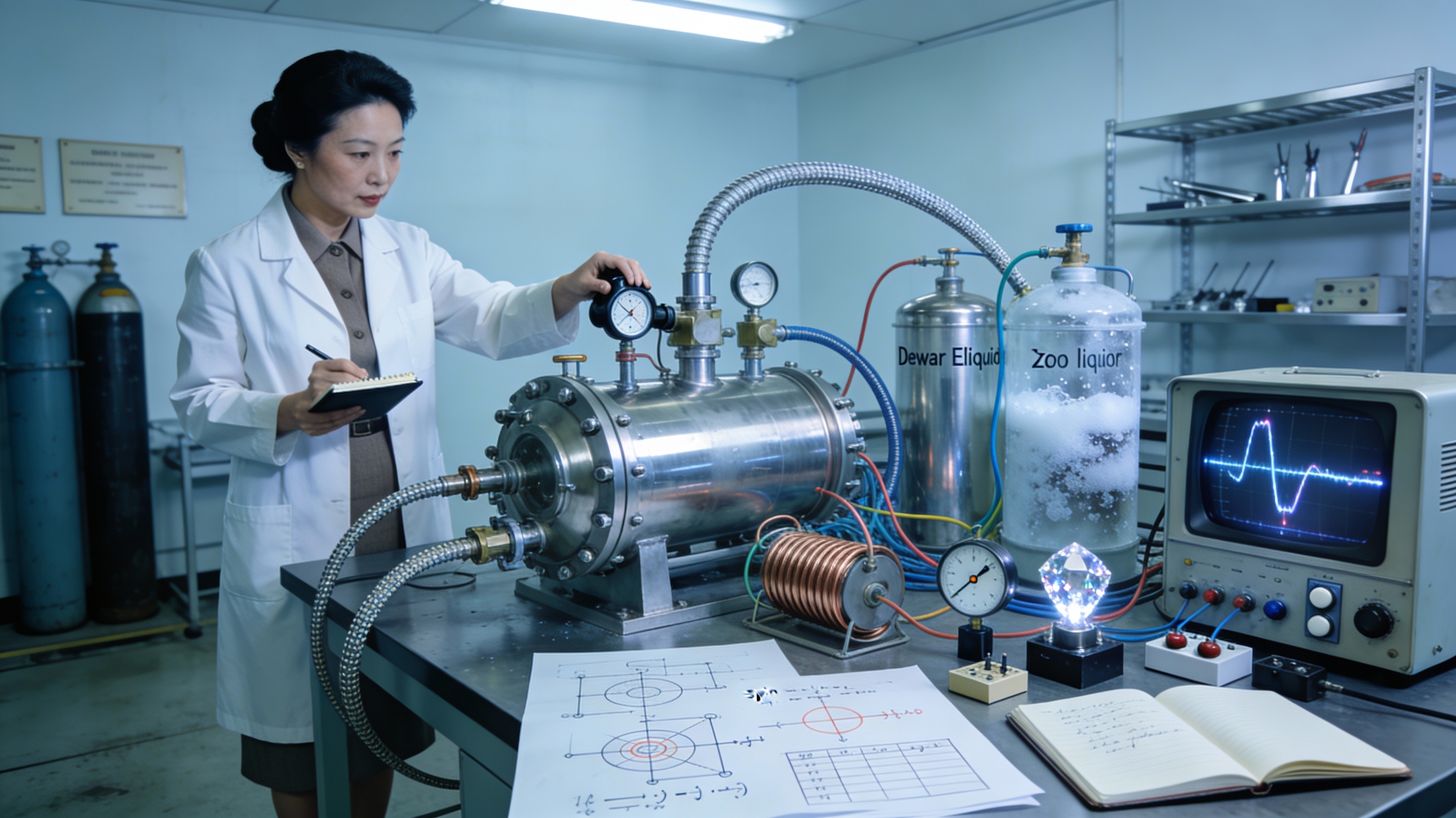 Chien-Shiung Wu nel suo laboratorio criogenico al National Bureau of Standards con apparecchiature per l'esperimento sul cobalto-60