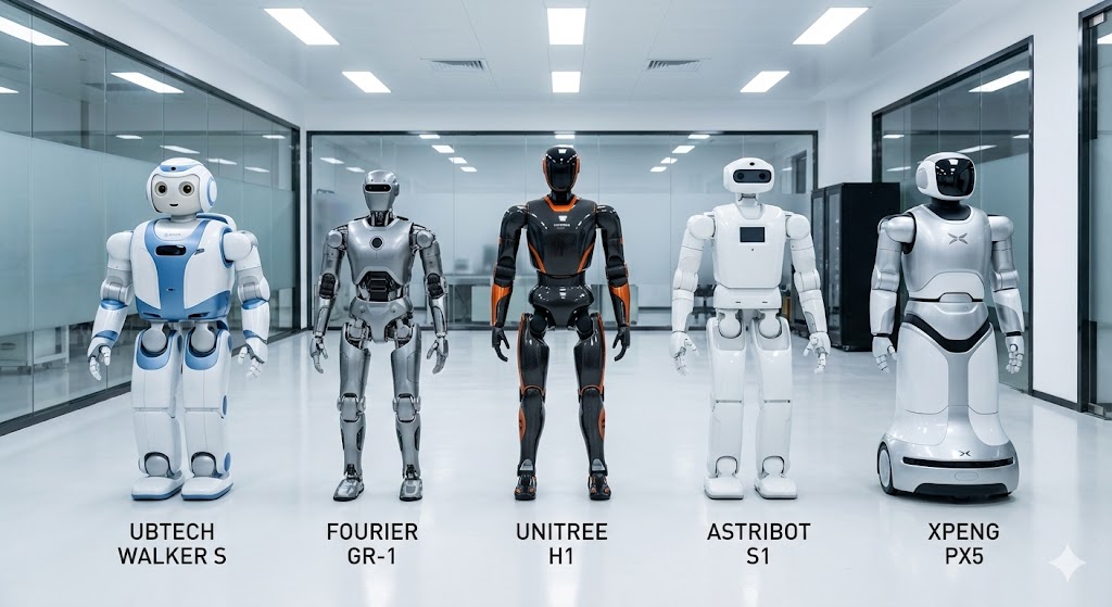 Robot umanoidi cinesi UBTECH Walker, Fourier GR-1, Unitree H1 in un laboratorio