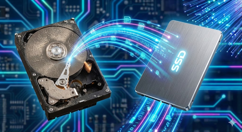 Un SSD moderno appoggiato sopra un vecchio hard disk meccanico aperto