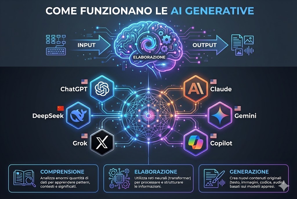 Rappresentazione artistica di un cervello digitale e circuiti neurali che si fondono, simbolo dell'IA generativa.