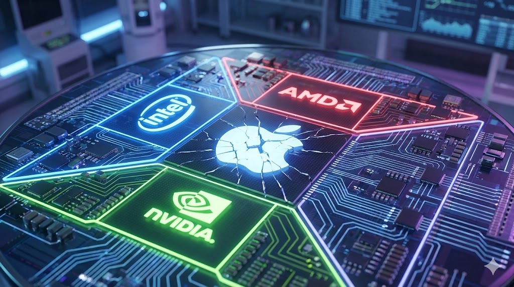 Chip wafer futuristico con loghi stilizzati di Intel, AMD e NVIDIA in competizione.