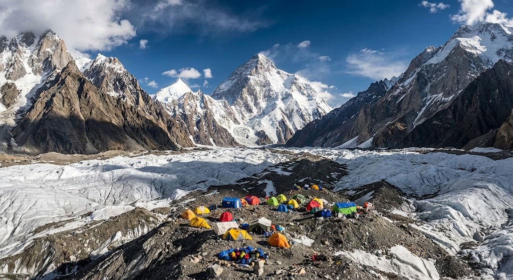 Il campo base di Concordia nel Karakoram pakistano con il K2 e i ghiacciai Baltoro e Godwin-Austen sullo sfondo