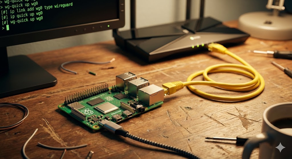 Un Raspberry Pi 5 collegato a un router con cavi ethernet, che mostra la configurazione di un server VPN domestico